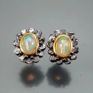 EARRING Natural Opal 925 Black Rhodium Plated